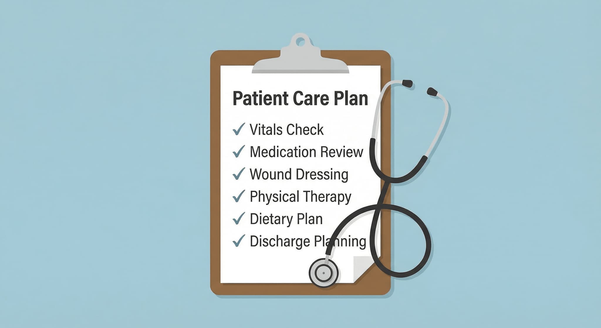 Illustration of a medical care plan checklist and stethoscope