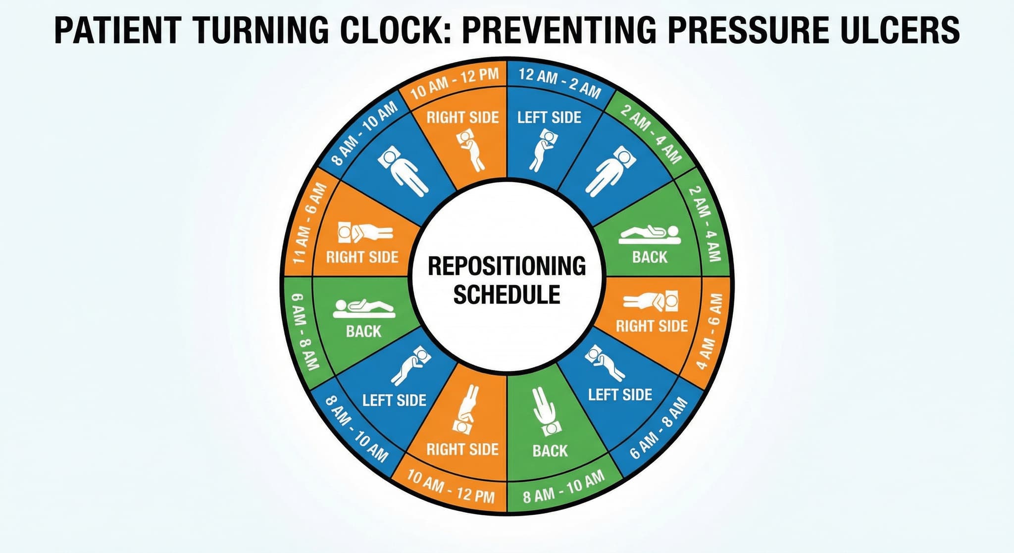 Diagram of a turning clock schedule for repositioning patients to prevent bedsores