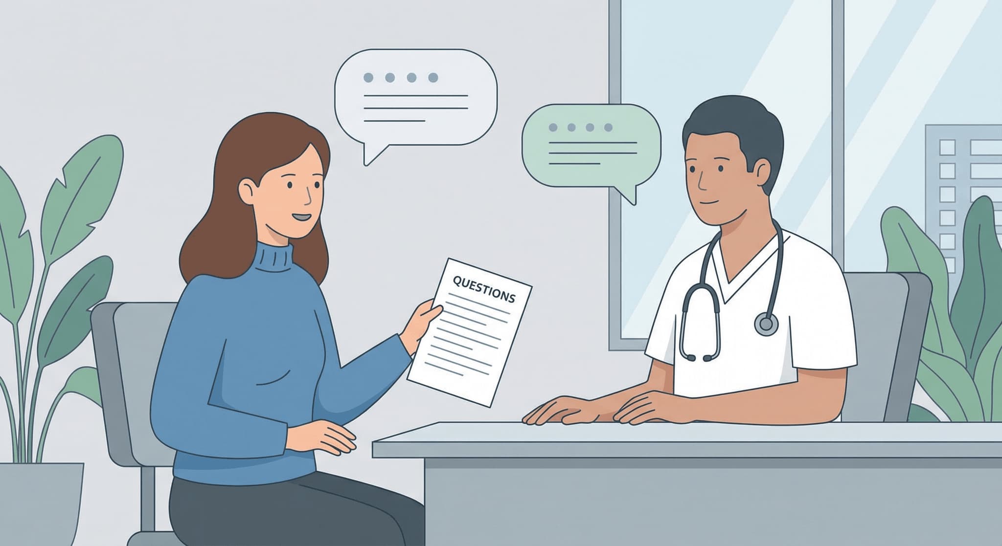 Illustration of a family member asking a nursing home administrator questions from a checklist