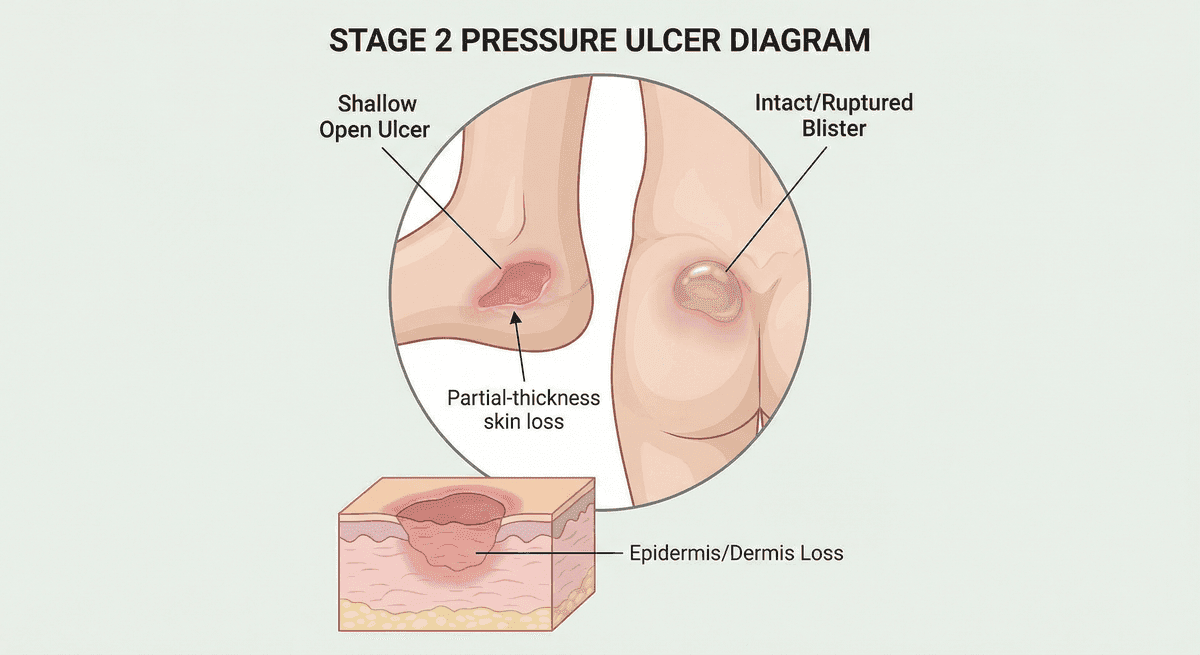 Medical diagram of a Stage 2 pressure ulcer showing partial thickness skin loss or blister