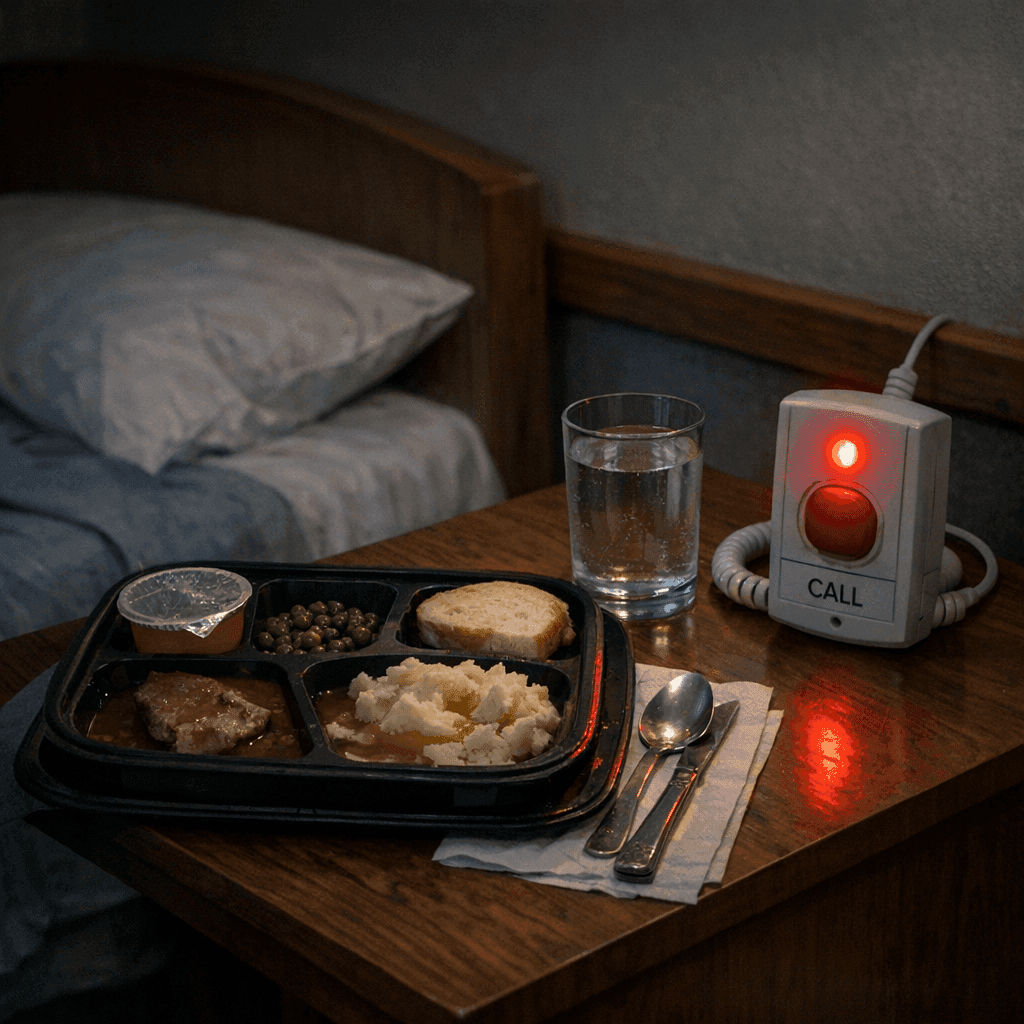 Illustration showing signs of nursing home neglect like unanswered call lights