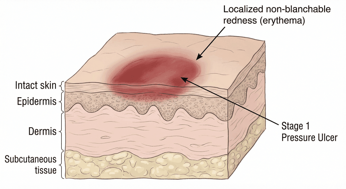 Medical diagram of a Stage 1 pressure ulcer showing non-blanchable redness on intact skin