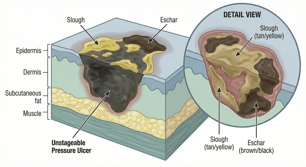 Medical diagram of an Unstageable pressure ulcer showing full thickness loss covered by slough or eschar
